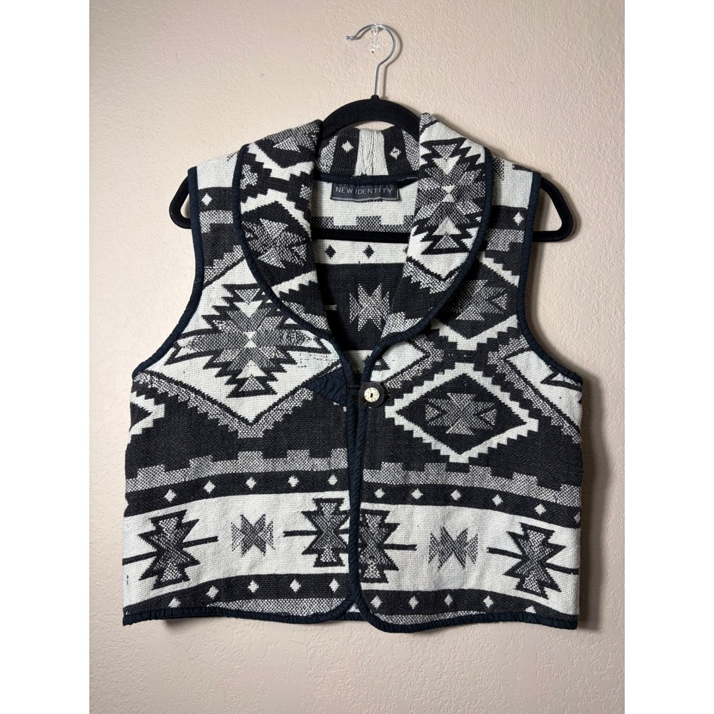 Vintage 90s New Identity Southwestern Aztec Vest Black White Blanket Knit Button